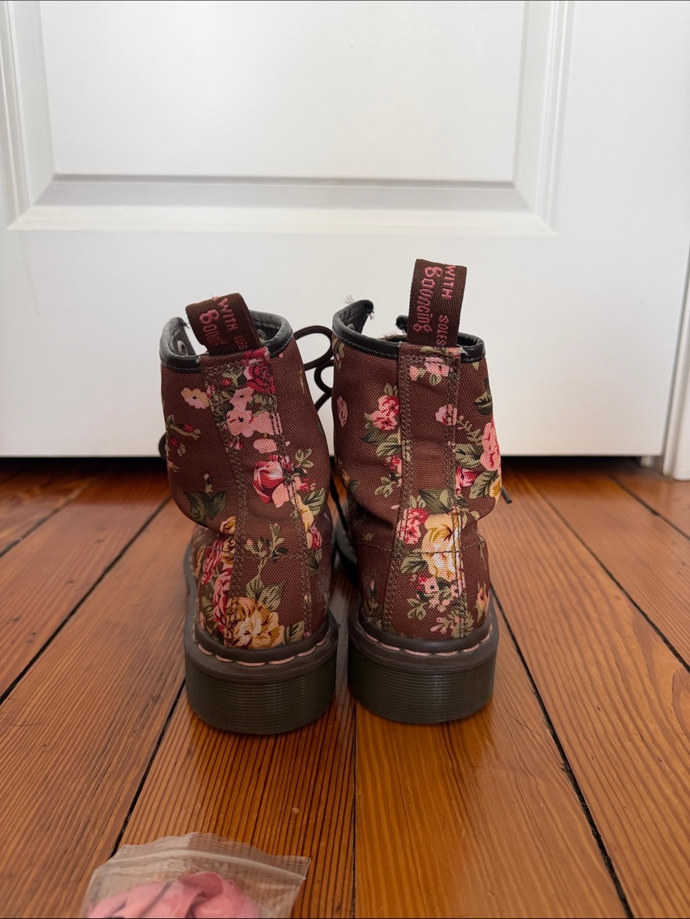 Dr. Martens Brown Floral Lace-Up Ankle Boots with Pink and Cream Flowers - Picture 4 of 8